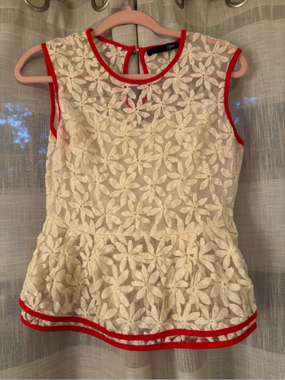 Sugarlips Cream Floral Lace Top with Red Trim